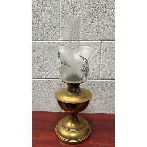 97 - BRASS BASE DOUBLE BURNER OIL LAMP WITH SHADE