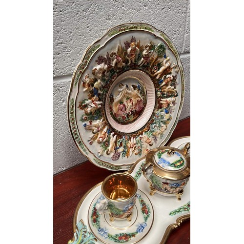 101 - R CAPODIMONTE CHOCOLATE SET ON TRAY PLUS CHARGER ONE CUP NEEDS REPAIR SEE ALL PICTURES