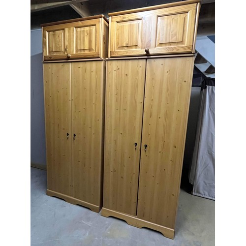 183 - TWO PINE EFFECT WARDROBES WITH SOLID PINE TOP BOXES