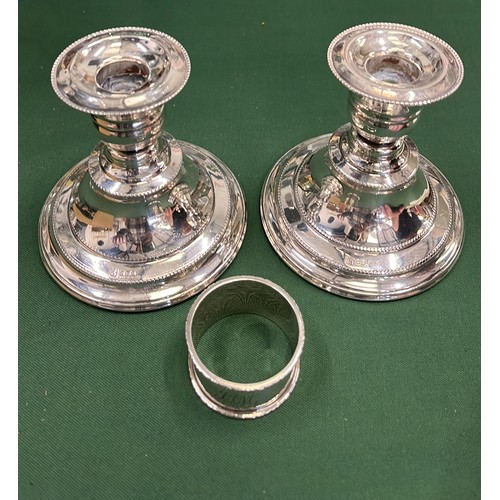 364 - Silver Hallmarked candlesticks & napkin ring