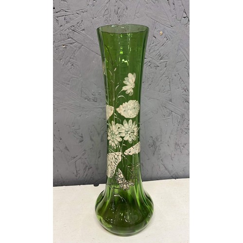 396 - TALL GREEN VASE WITH FLOWER DETAIL