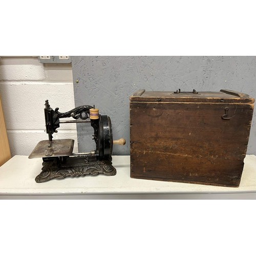 401 - PRINCESS OF WALES CAST METAL SEWING MACHINE WITH WOODEN CASE