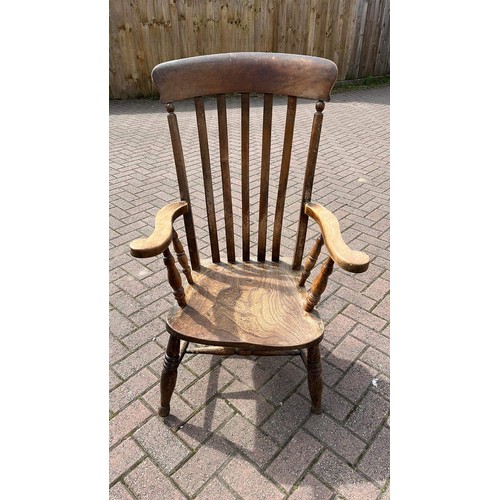 436 - VICTORIAN BEECH AND ELM GRAND FATHER CHAIR , LEGS HAVE BEEN CUT DOWN