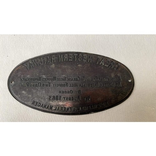 433 - SMALL OVAL BRASS GREAT WESTERN RAILWAY PLAQUE