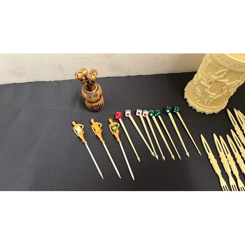 27 - VINTAGE COCKTAIL STICKS AND FORKS WITH POT