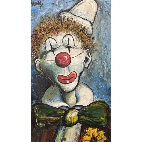 66 - RETRO WHITE FRAMED OIL ART WORK OF A CLOWN BY COLIN SPRING