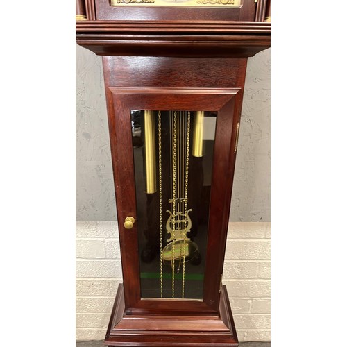 436 - MAHOGANY FINISH BRASS FACED MOON-ROLLER GRAND FATHER CLOCK BY FEN-CLOCKS SUFFOLK WITH GERMAN MOVEMEN... 