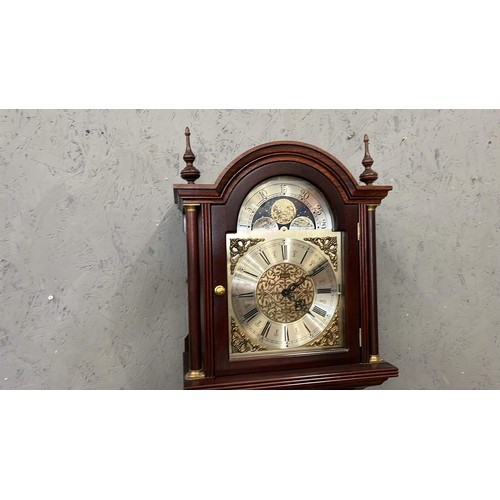 436 - MAHOGANY FINISH BRASS FACED MOON-ROLLER GRAND FATHER CLOCK BY FEN-CLOCKS SUFFOLK WITH GERMAN MOVEMEN... 