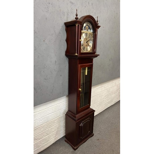 436 - MAHOGANY FINISH BRASS FACED MOON-ROLLER GRAND FATHER CLOCK BY FEN-CLOCKS SUFFOLK WITH GERMAN MOVEMEN... 