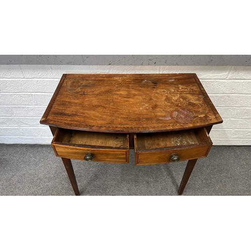 308 - MAHOGANY INLAID TWO DRAW DESK / SIDE TABLE ON TAPERED LEGS