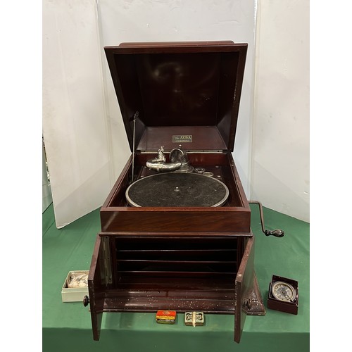 221 - MAHOGANY CASED GRAMOPHONE BY ALBA including 78s see all pictures