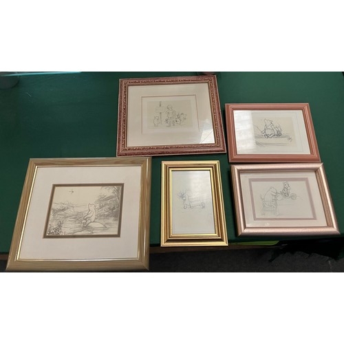 284 - FIVE FRAMED WINNIE THE POO DRAWINGS