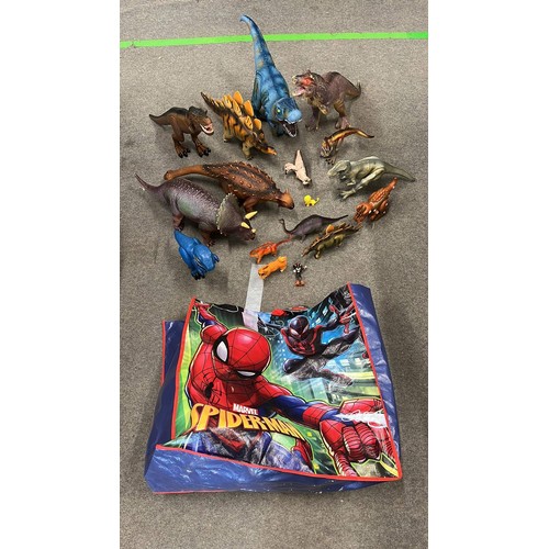 57 - COLLECTION OF TOY DINOSAURS AND MARVEL BAG