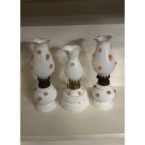 13 - THREE GLASS OIL LAMPS IN WHITE