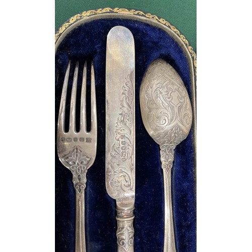 21 - HALLMARKED SILVER BOXED KNIFE , FORK AND SPOON