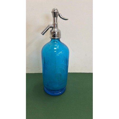 8 - BLUE GLASS SODA SYPHON FOR JACK N BALDRY THE CAMBRIDGE SODA WATER WORKS