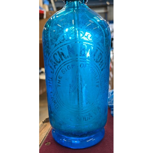 8 - BLUE GLASS SODA SYPHON FOR JACK N BALDRY THE CAMBRIDGE SODA WATER WORKS