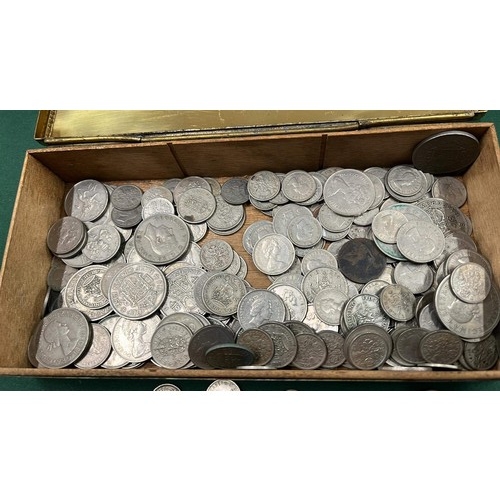 301 - METAL BOX WITH MIXED COINAGE PRE DECIMAL , SIX PENCE AND HALF CROWNS