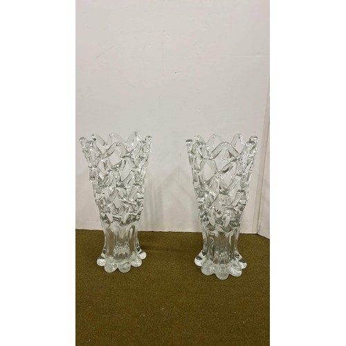 76 - PAIR OF CLEAR GLASS FRET WORK VASES 13 INCHES TALL