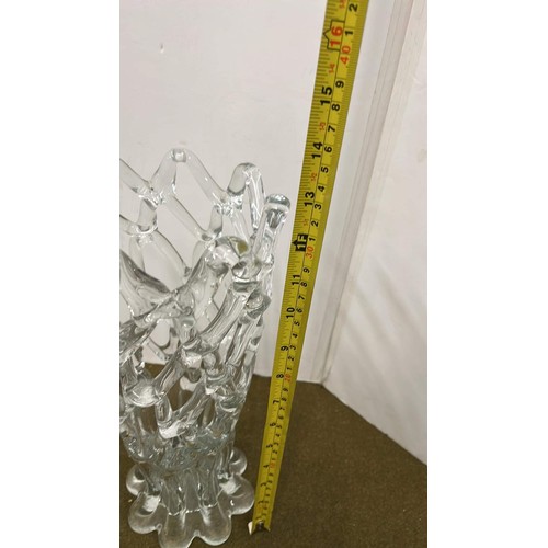 76 - PAIR OF CLEAR GLASS FRET WORK VASES 13 INCHES TALL