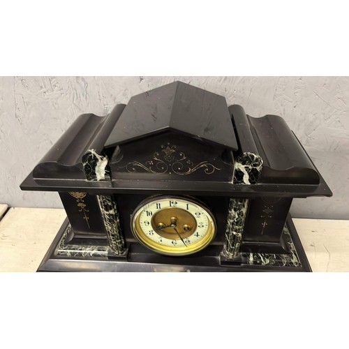 466 - LARGE SLATE MANTLE CLOCK WITH ROMAN AND GREEN DETAIL