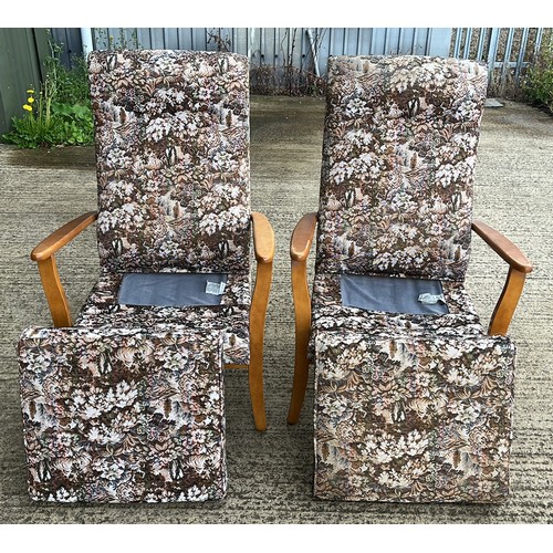 915 - TWO WOODEN FRAMED EASY ARM CHAIRS