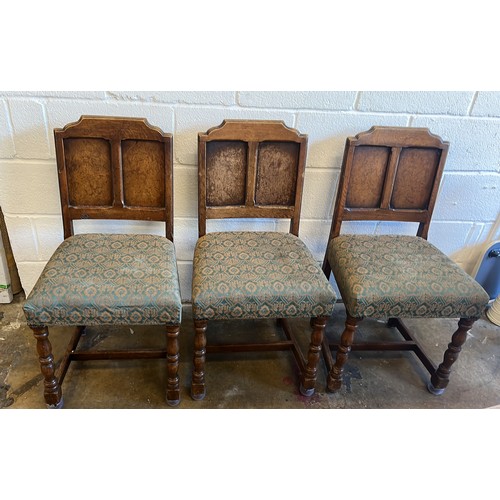 501 - LARGE OAK DRAWER LEAF TABLE WITH SIX CHAIRS WITH PANEL BACKS