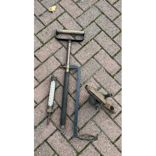 689 - BRASS BLOW LAMP , STIRRUP HAND PUMP AND MORE