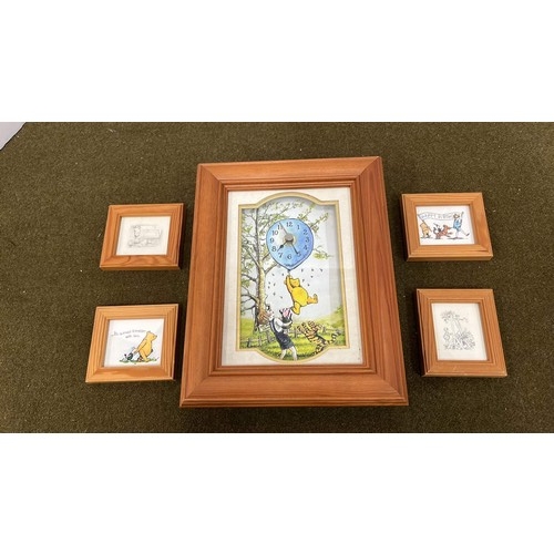 15 - PINE FRAMED WINNIE POO CLOCK AND ART WORK