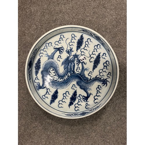 243 - CHINESE BLUE AND WHITE DRAGON DISH - see all pictures