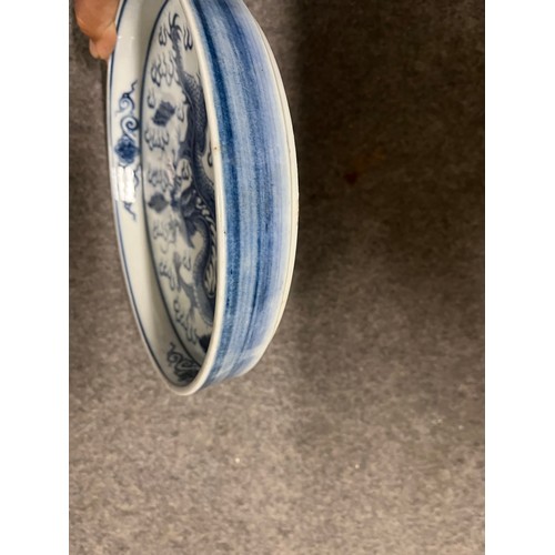 243 - CHINESE BLUE AND WHITE DRAGON DISH - see all pictures