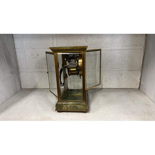 228 - FOUR SIDED BEVELED GLASS SKELETON CARRIAGE CLOCK WITH MECURY PENDULUM UNCHECKED - SEE ALL PICTURES