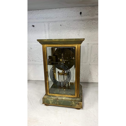 228 - FOUR SIDED BEVELED GLASS SKELETON CARRIAGE CLOCK WITH MECURY PENDULUM UNCHECKED - SEE ALL PICTURES