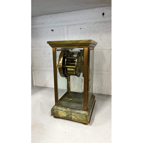 228 - FOUR SIDED BEVELED GLASS SKELETON CARRIAGE CLOCK WITH MECURY PENDULUM UNCHECKED - SEE ALL PICTURES