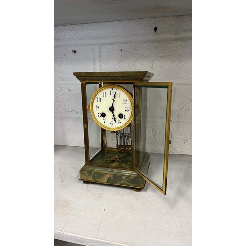 228 - FOUR SIDED BEVELED GLASS SKELETON CARRIAGE CLOCK WITH MECURY PENDULUM UNCHECKED - SEE ALL PICTURES