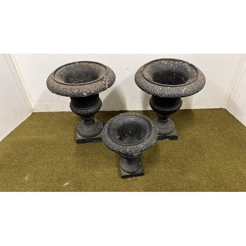 343 - PAIR OF CAST METAL FLOWER URNS 6.5 INCHES TALL AND ONE ODD URN 4 INCHES TALL