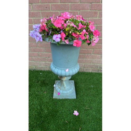 411 - PAIR OF TALL CAST METAL URN GARDEN PLANTERS