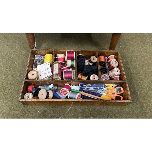 30 - WOODEN SEWING WORK BOX WITH CONTENTS SEE ALL PICTURES