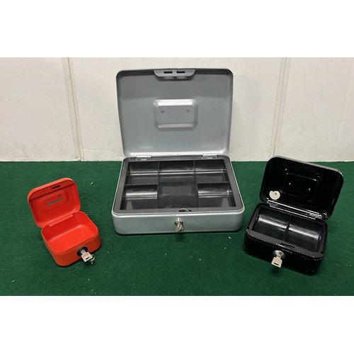 61 - THREE METAL CASH BOXES WITH KEYS