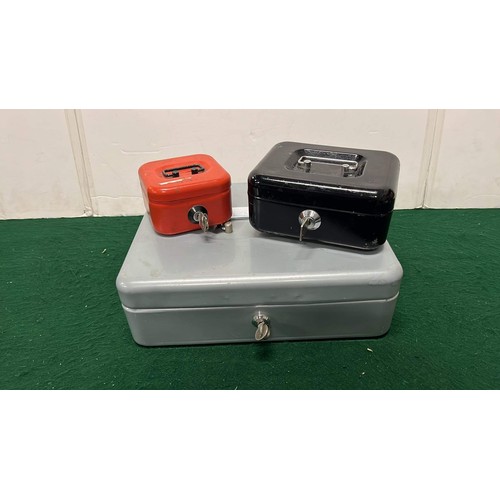 61 - THREE METAL CASH BOXES WITH KEYS