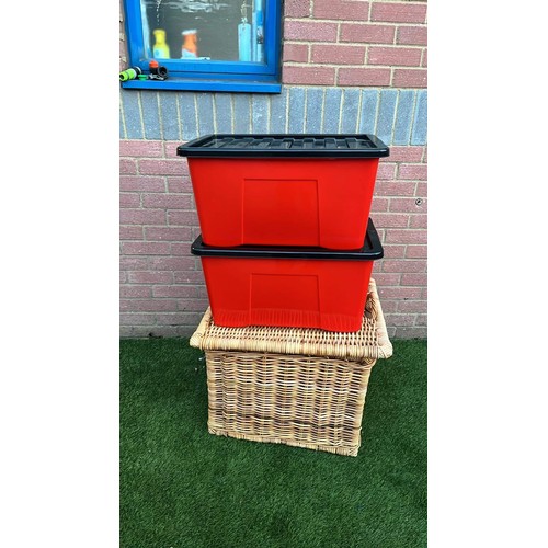 634 - WICKER BASKET & PLASTIC STORAGE BOXES