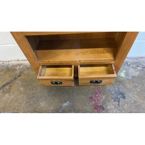 62 - NARROW OAK BOOK SHELF WITH DRAWERS