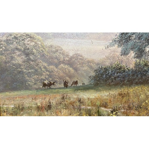 92 - LARGE FRAMED PRINT OF COWS IN THE MEDOW