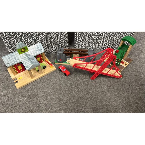 525 - 2 boxes of Brio & other wooden track with accessories