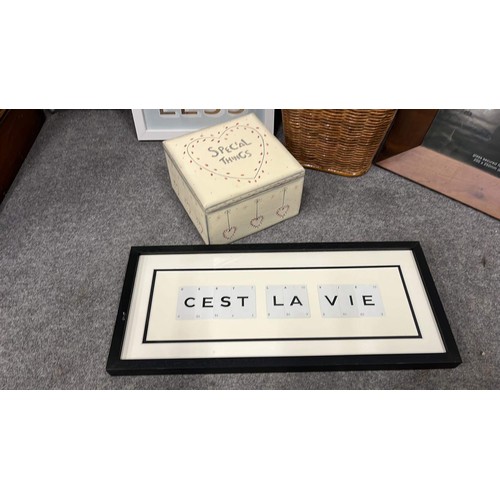 540 - Vintage playing cards cest la vie picture, smile more, teak picture frame & wooden keepsake box