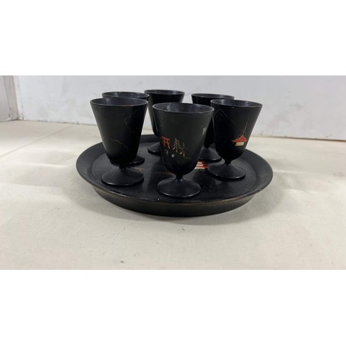 59 - BLACK JAPANESE SAKE BEAKER SET WITH TRAY