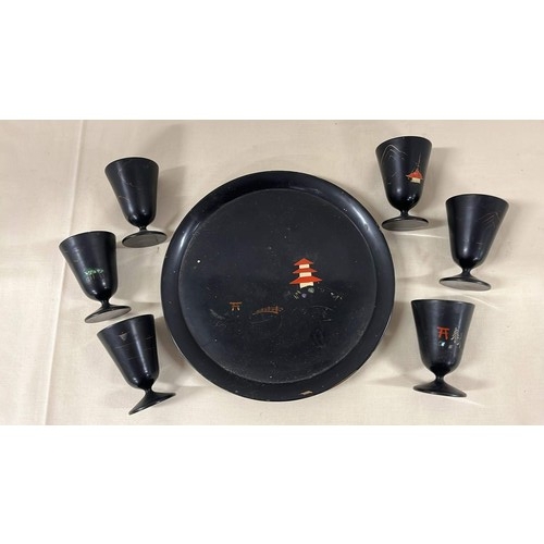 59 - BLACK JAPANESE SAKE BEAKER SET WITH TRAY