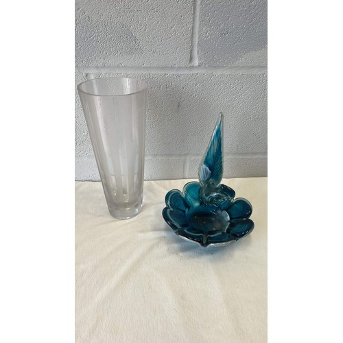 29 - BLUE GLASS TABLE ART WORK AND CLEAR GLASS VASE