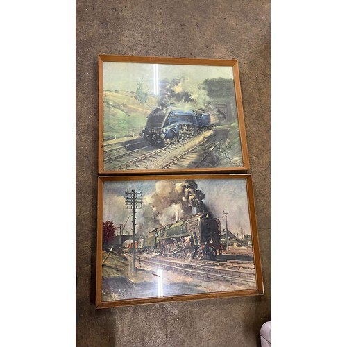 334A - Two large retro framed train prints - one frame has damage ( see pictures )