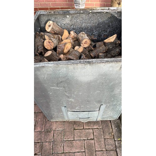 298 - LARGE SQUARE METAL COAL BUNKER WITH CONTENTS OF SEASONED LOGS SEE ALL PICTURES